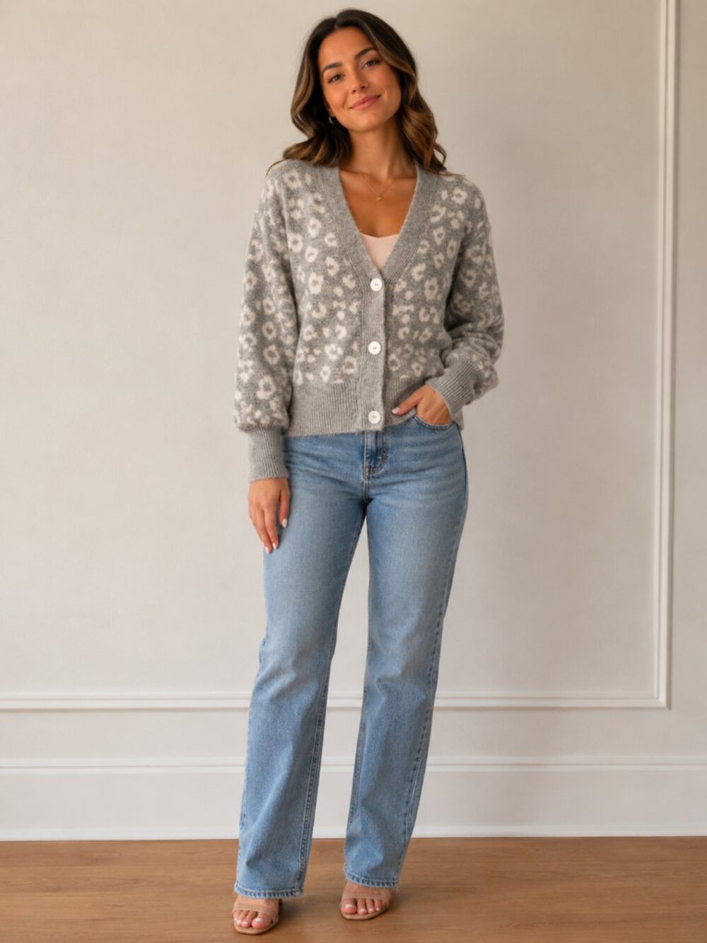 Old Navy Gray and White Leopard V-Neck Button Cardigan